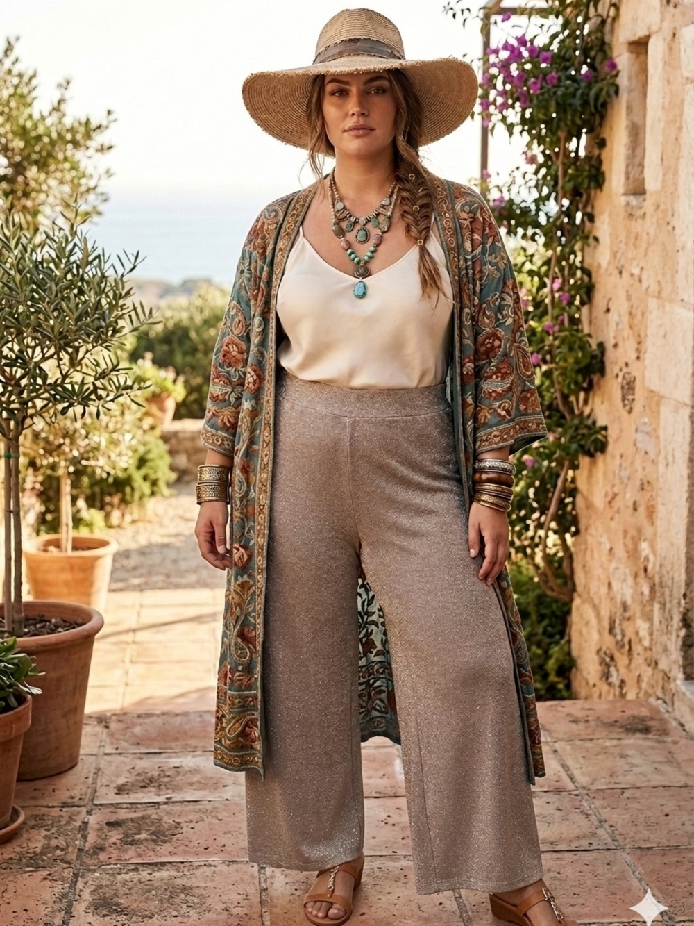 DAVI & DANI Shimmery Taupe Wide-Leg Pull-On Pants